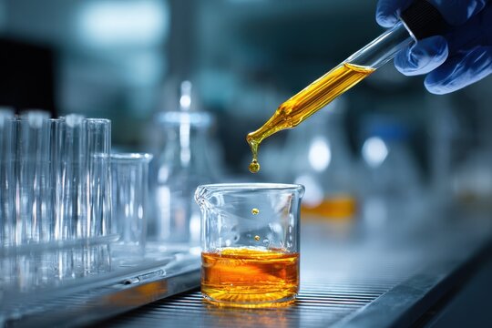 Oil formulation scene in a research lab with glassware, pipettes, and precise pouring
