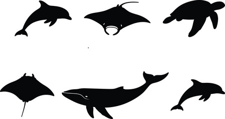 Marine animal silhouette vector set with dolphin whale manta ray turtle, ocean wildlife collection isolated on light background design © Mamun