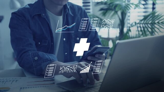 Health insurance and medical healthcare. Medical business life protection plan, digital hospital technology, medicine, patient checkup service, global science innovation, and smart wellness system.