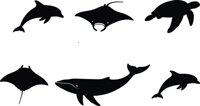 Marine animal silhouette vector set with dolphin whale manta ray turtle, ocean wildlife collection isolated on light background design