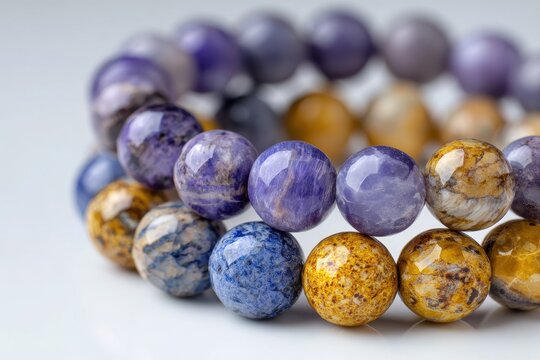 Macro shot of a triple-bead bracelet set featuring charoite, pietersite, and cacoxenite against a pristine white surface