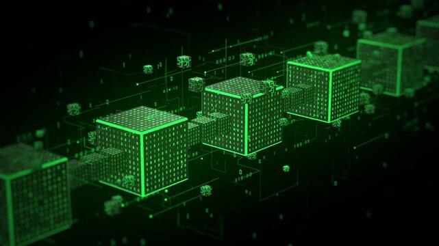 Glowing green blockchain cubes connected in a digital network, symbolizing distributed ledger technology, secure data storage, cryptocurrency systems, and decentralized digital infrastructure.