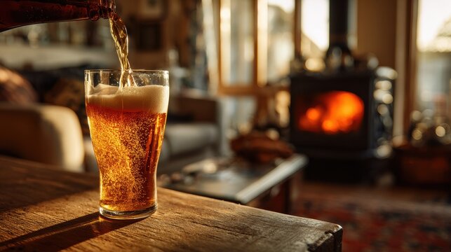 Intimate home moment: beer in a glass on an oak table with a log burner glow in the background