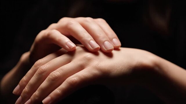 Close-up of a pair of fair-skinned human hands resting on top of each other in a relaxed pose, showing detail of skin, fingernails, and soft lighting against a dark background.