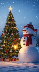Obraz premium Snowman and Christmas Tree in a Winter Wonderland with Falling Snow and Warm Lights.