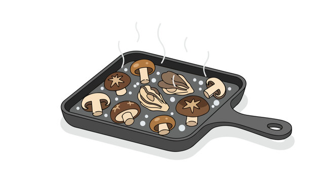Illustration of various mushrooms cooking on a sizzling hot cast iron skillet with steam rising above the white background