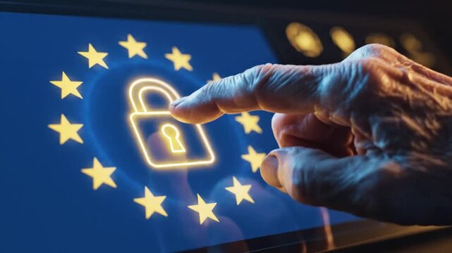 Hand touches screen with glowing EU flag and padlock icon
