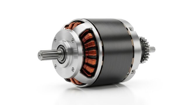 Small electric motor with copper windings isolated on white.