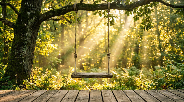 a wooden swing hanging from a tree branch in a forest