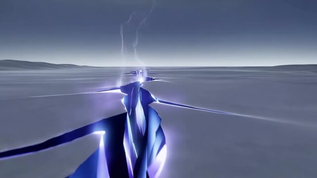 Digital model of earth fracture in futuristic style with cold glowing effect representing earth crack simulation tectonic visualization geology concept across minimal landscape