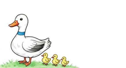 White duck with blue collar and three yellow ducklings on green grass mother's day background wallpaper poster banner download 2026 2027