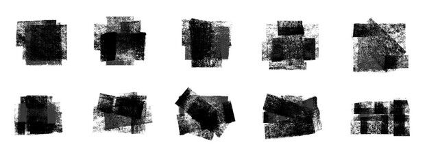 Obraz na płótnie Canvas Grunge rolled ink stamp textures handmade with brayer tool. Linocut relief printing shapes set. Eroded letterpress rough irregular square backgrounds. Vector illustration isolated on white background.