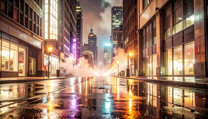 Naklejka premium vibrant urban night street with neon reflections on wet pavement after rain