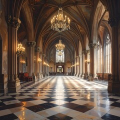 Obraz premium A long, ornate hallway with arches and chandeliers