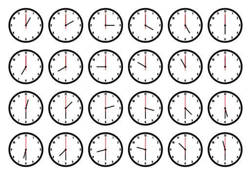 Set of analog clock faces showing different times. Clean minimal vector isolated on white, perfect for education, UI, worksheets, and time learning concepts.