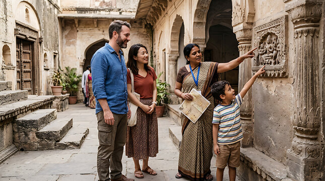 Family Learning History at Indian Historical Site with Guide