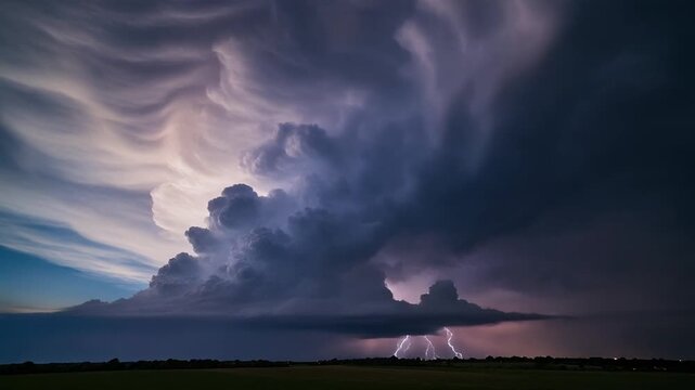 Dramatic Supercell Storm Cloud over Dark Rural Landscape at Night