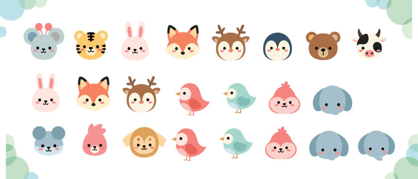 Cute animal face collection vector set with mouse tiger rabbit fox deer penguin bear dog bird cartoon illustration isolated on white background
