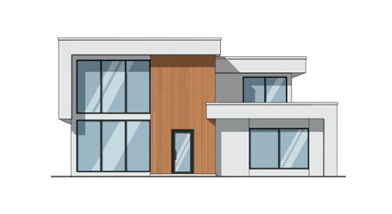 Obraz premium Modern two-story residence architectural sketch with large glass windows and warm wood accent exterior elevation design concept