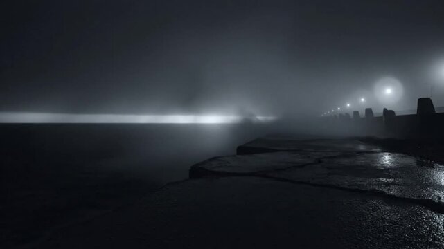 Mysterious long exposure video of a stone pier with lights, and ocean waves crashing on a foggy, dark night