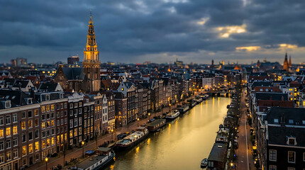Obraz premium Amsterdam cityscape at dusk with illuminated buildings and boats along a canal, cloudy sky.