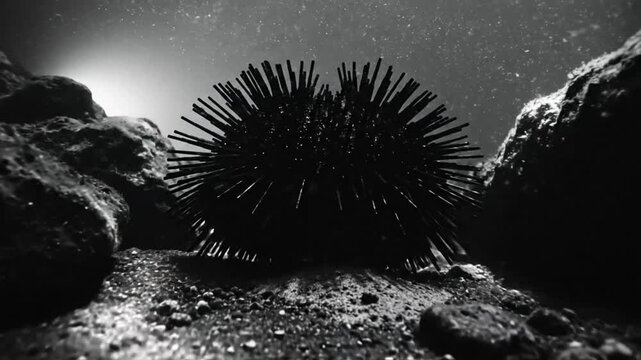 Black and white underwater cinematic view of a spiky sea urchin on the ocean floor
