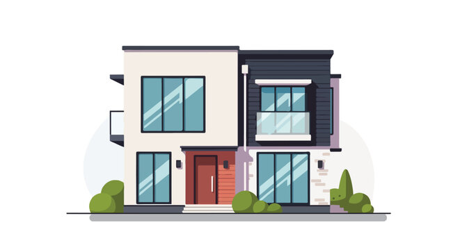 Modern geometric duplex residence with sleek lines and large windows, featuring clean architectural design and minimalist landscaping elements