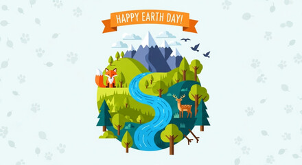 Naklejka premium Happy earth day illustration with river mountains trees animals and banner