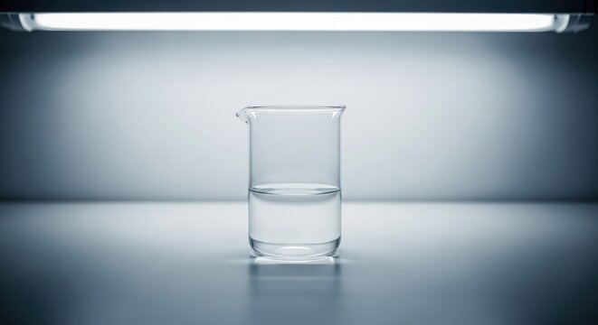 Glass beaker filled with clear liquid in a laboratory setting