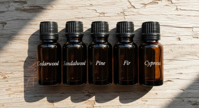 Collection of Five Essential Oils in Amber Glass Bottles