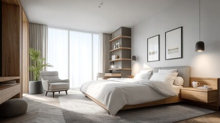 Fototapeta premium Modern Luxury Bedroom Interior Design with Natural Light and Minimalist Decor