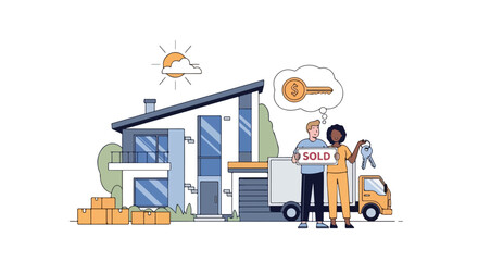 Naklejka premium Happy Couple Celebrates New Home Purchase with Keys and Sold Sign Beside a Modern House and Moving Truck