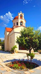 Obraz premium A serene church with a bell tower surrounded by a tree and flowers