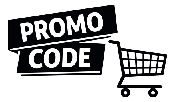 Modern graphic illustration of a promo code banner and shopping cart depicting an online shopping promotion for e-commerce marketing