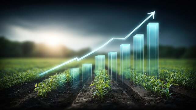 Financial growth bar graph with rising arrow overlay on a field of green sprouts representing digital agriculture technology and investment