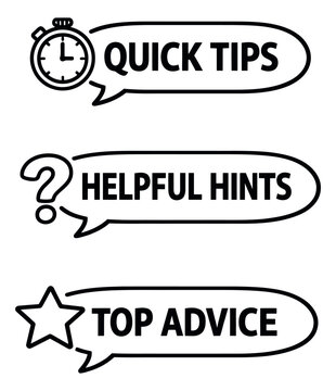 Line art speech bubble set featuring stopwatch, question mark, and star icons with text for business advice