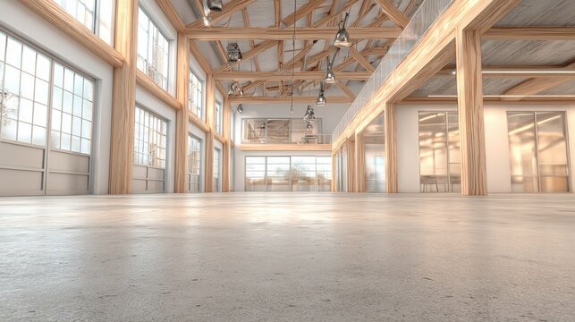 Spacious, sunlit, open-plan industrial loft interior with exposed wooden beams and large windows