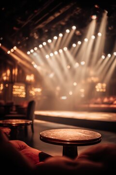 Elegant jazz club interior featuring warm stage lighting with beams of light, an empty stage, and classic red velvet seating.