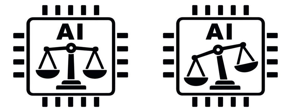 Simple graphic AI ethics icon set featuring microchips with balanced and unbalanced justice scales for conceptualizing artificial intelligence principles