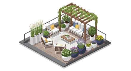 Obraz premium Serene Rooftop Oasis: A Chic and Green Urban Outdoor Living Space with Pergola and Comfortable Seating