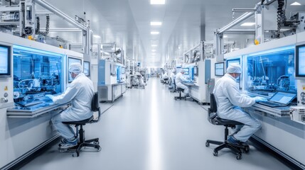 Fototapeta premium Professional technicians in protective suits work within a sterile cleanroom facility for advanced electronics or pharmaceutical industrial manufacturing processes