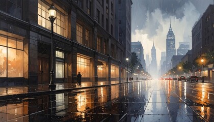Naklejka premium moody city street at dusk with wet reflections and skyscrapers in background