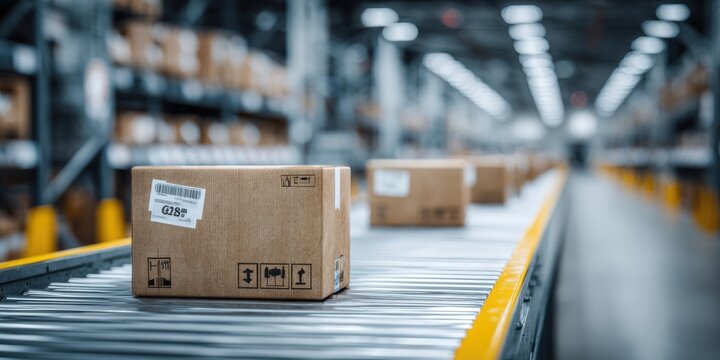 Cardboard boxes on a conveyor belt in a modern warehouse, ready for shipping and logistics