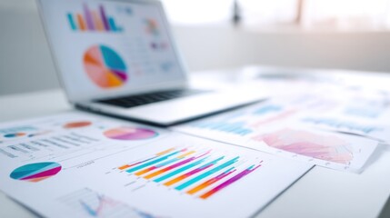 Fototapeta premium Modern office desk with laptop and charts, showcasing business data analysis and financial reporting