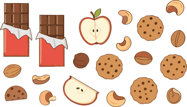 Sweet snacks and nuts vector collection set with chocolate bars cookies apple slices and cashews illustration isolated on white background