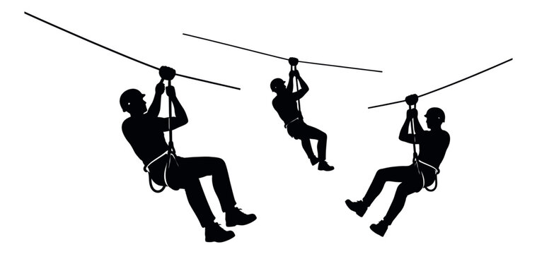 Silhouette graphic people set featuring individuals zip lining for adventure activities