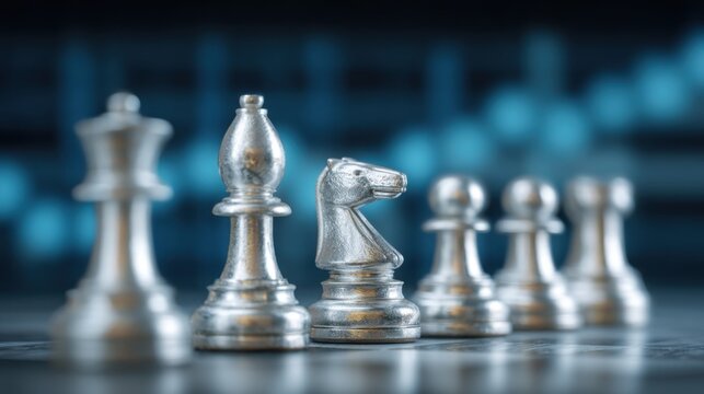 Silver Chess Pieces Lined Up in Strategic Formation on Dark Background with Blurred Blue Lights