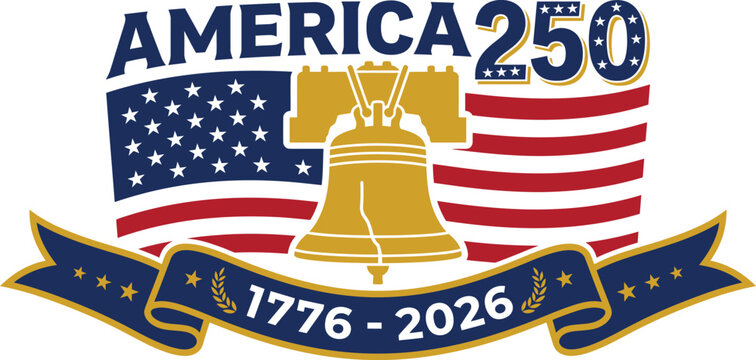 America 250 logo with liberty bell and american flag on white background