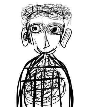 Minimalist Blue Ink Hand Drawn Sketch of an Expressive Face with Large Ears and Spiky Hair