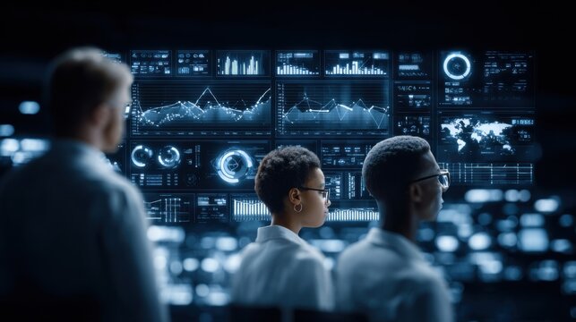 Diverse team of analysts observing complex data visualizations on a large futuristic digital screen displaying charts and graphs.